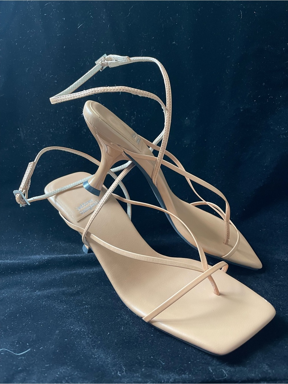 Strappy Square-Toe Heel Sandals in Nude. Ankle straps, minimalist look.